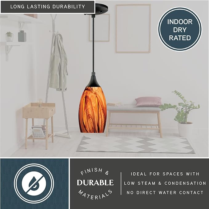 VAXCEL Milano Mini Pendant for Kitchen Island, Oil Rubbed Bronze, Smoky Fire Glass, Dimmable Ceiling Mounted Lighting, Adjustable Height