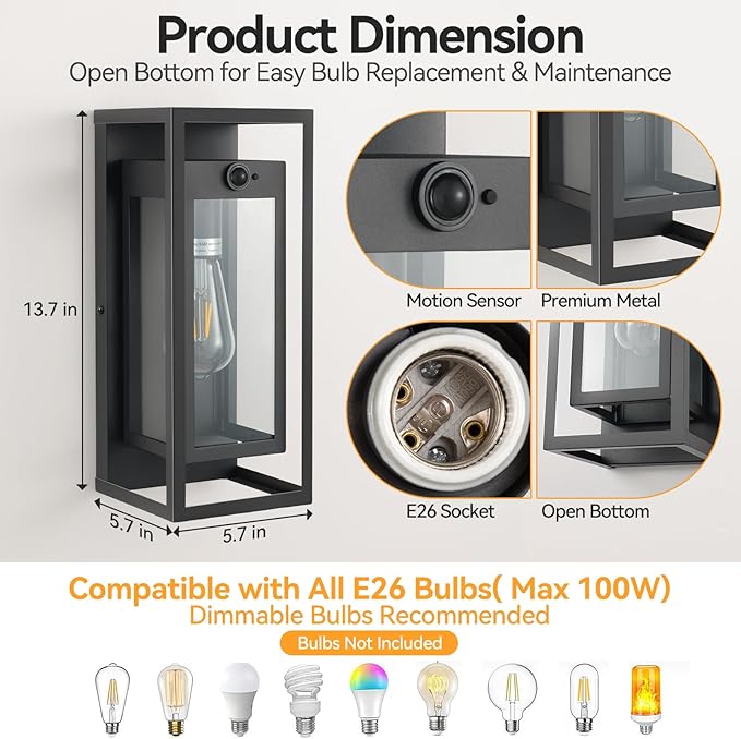 14" Motion Sensor Outdoor Light Fixture Wall Mount, Black Exterior Lighting Fixtures Dusk to Dawn Outdoor Lighting for House Exterior Coach Lights with Clear Glass for Garage Porch Patio 2Pack