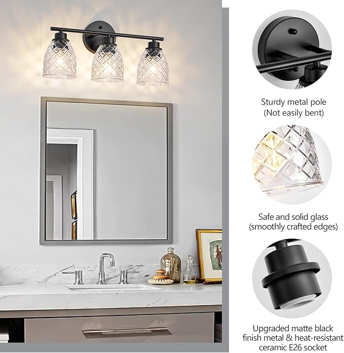 3-Light Bathroom Light Fixtures, Modern Black Vanity Light Over Mirror, Wall Sconce with Clear Hammered Glass Shades, E26 Base (Bulbs Not Included)