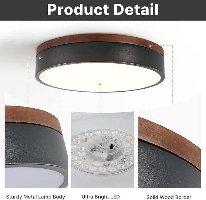 Led Flush Mount Ceiling Light: 11.8" Modern Dimmable Black Walnut Wood Low Profile Farmhouse Close to Ceiling Light Fixture - Round Minimalist Simple Flat Overhead Lighting for Bedroom Laundry Kitchen