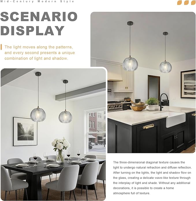 Industrial Hanging Pendant Light, Farmhouse Black and Gold Hanging Kitchen Light Fixture with Gray Ribbed Glass Shade, Modern Pendant Lamps for Kitchen Counter Dining Table Bedroom Home Bar
