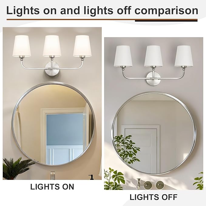 Bathroom Vanity Light, Brushed Nickel Bathroom Light Fixtures, 3-Light Lighting Fixtures Over Mirror, Modern Wall Sconce with Flared White Fabric Shade, E26 Socket(ETL Listed)