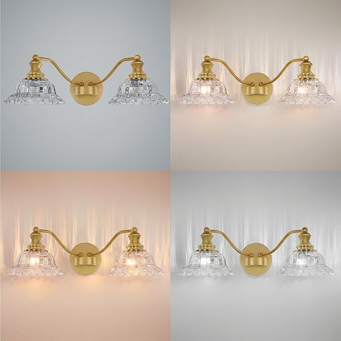 Espird 2 Lights Bathroom Vanity Light Fixtures, Vintage Brass Vanity Lights for Bathroom, Farmhouse Antique Light Fixtures Over Mirror with Crystal Glass Shade