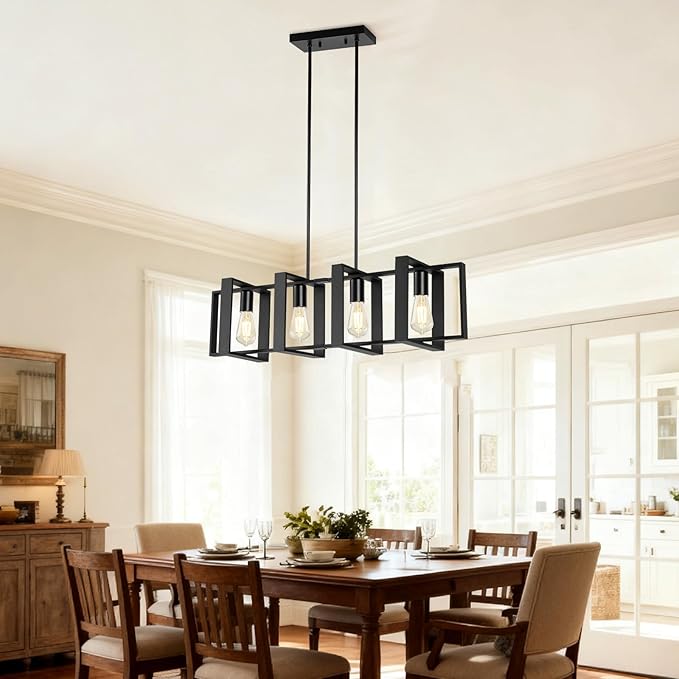 Dining Room Light Fixture, 4-Light Kitchen Island Lighting, Height Adjustable Island Lights For Kitchen, Black Linear Chandeliers For Dining Room, Metal Farmhouse Chandelier for Living Room(No Bulb)