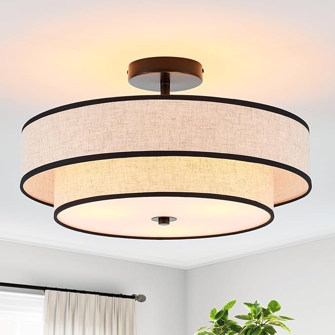 3-Light Drum Semi Flush Mount Ceiling Light, 18" Modern Black Ceiling Lighting Fixture, Vintage 2-Tier Linen Ceiling Lighting for Living Room, Bedroom, Kitchen, Dining Room, Hallway, Entryway