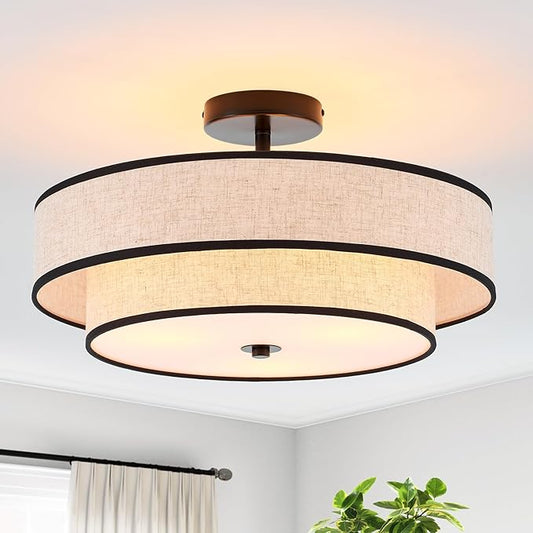 3-Light Drum Semi Flush Mount Ceiling Light, 18" Modern Black Ceiling Lighting Fixture, Vintage 2-Tier Linen Ceiling Lighting for Living Room, Bedroom, Kitchen, Dining Room, Hallway, Entryway