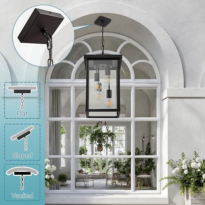 LOUSACE 16'' Outdoor Pendant Light Oil Rubbed Bronze 4-Light Large Outside Pendant Porch Lights Ceiling Haninging Outdoor Chandelier with Clear Glass Exterior Lighting Fixtures for Front Door Entryway