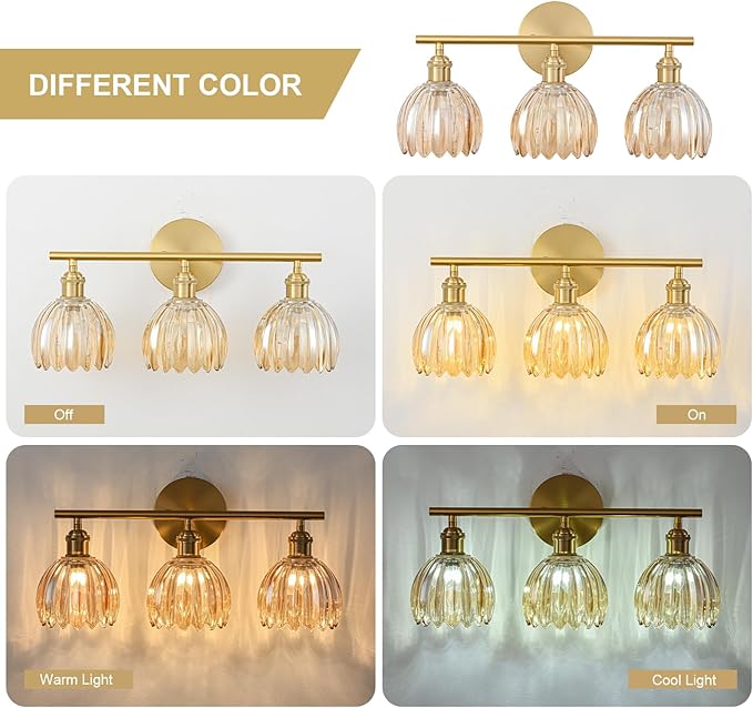 Gold Bathroom Light Fixtures Over Mirror, 3 Light Bathroom Vanity Light Fixture with Tulip Amber Glass Lampshade, Vintage Vanity Lights for Bathroom, Bathroom Vanity Lights Over Mirror