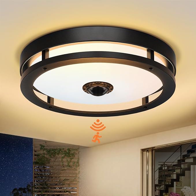 Outdoor Motion Sensor Ceiling Light with Remote,24W Dimmable & 2700K-5000K Adjustable Exterior Flush Mount Ceiling Lights,12" Outdoor Porch Light Fixture for Garage,Entryway,Patio,Black