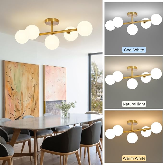 Globe Milk Glass Ceiling Light: Gold 5 Lights Semi Flush Mount Ceiling Light - Linear Century Modern Lighting Fixture - 27 Inch Brass Glass Lights with Sphere Shade for Bedroom Living Room Hallway