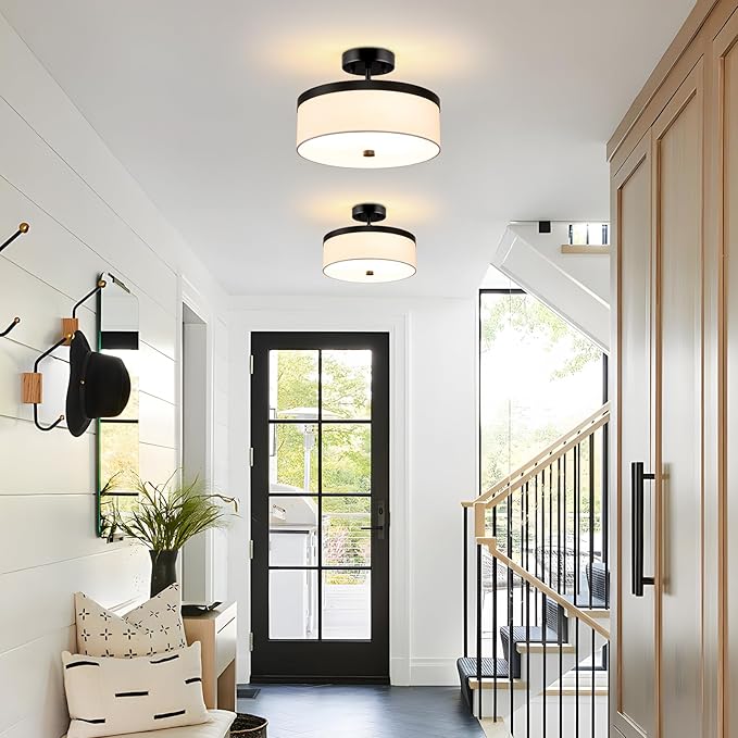 Semi Flush Mount Ceiling Light,12”Hallway Light Fixtures with White Fabric Shade,3-Light Black Modern Drum Flush Mount Ceiling Light for Bedroom,Hallway,Kitchen Island,Laundry