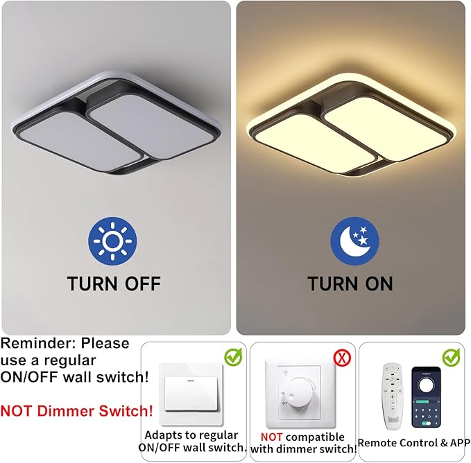 Modern LED Ceiling Light Fixture, 15.7 inch Dimmable Black Square Flush Mount Ceiling Lights with Remote, Bedroom Ceiling Lamp LED Chandelier for Kitchen Hallway Laundry Living Room, 60W