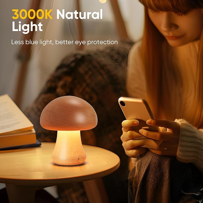 LONRISWAY Creative Wood Mushroom Table Lamp, Portable Cordless Small Lamp, Rechargeable Battery Operated Lamp,Stepless Dimming, Night Light for Birthday Gifts, Creative Home Decor Unique House Gift