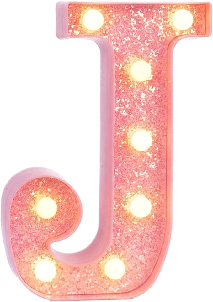 Pink Marquee Light Up Letters, Glitter Alphabet LED Letter Lights for Pink Birthday Party Decorations, Battery Operated Letter Sign for Girls Room Vanity Table Decor, Warm White Lights Letter J