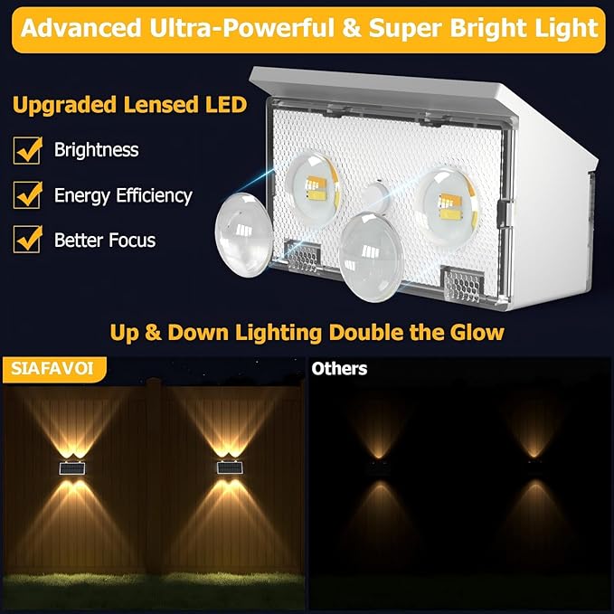 Solar Fence Lights Outdoor, 6 Pack Waterproof LED Warm & Cool White RGB Wall Mount Sconce Dusk to Dawn Up & Down Fence Light Solar Powered for Outside Garden Patio Backyard Garage(White)