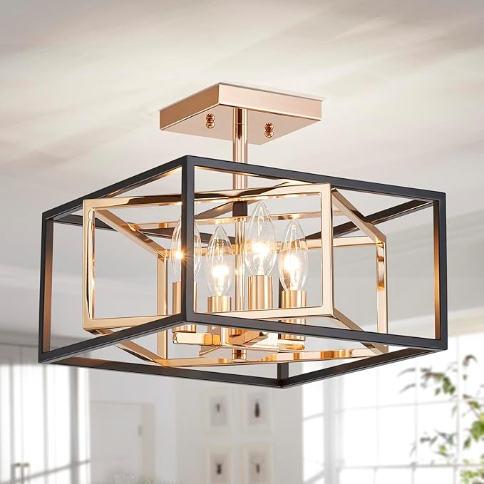 AGV LIGHTING CL055G Modern Semi-Flushmount Ceiling Light Fixture, Square Ceiling Light, E12 Base 4-Lights, L12 x W12 x H10, Matte Black & Shinny Gold Finish