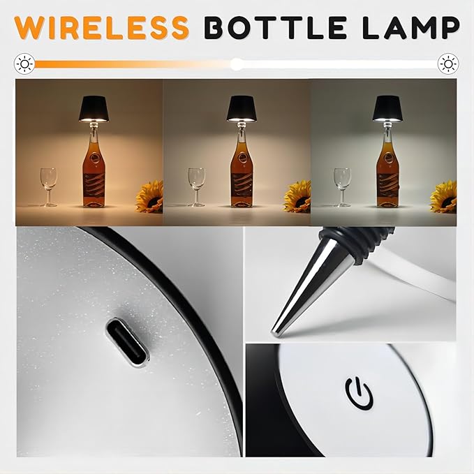 Neioaas Wireless Bottle Lamp,3 Color Stepless Dimming Wireless Wine Bottle Lamp, USB Rechargeable Touch LED Wine Bottle Lights for Home,Bar,Camping,Travel