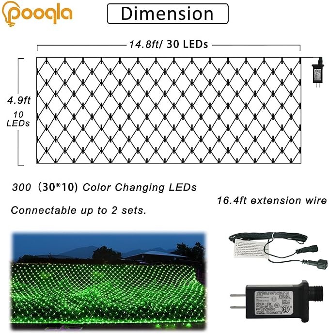 Pooqla 14.8x4.9 ft Net Lights, 300 LED Outdoor Green Halloween Lights with 8 Lighting Modes, Connectable Waterproof Mesh String Fairy Light for Bushes Tree Garden Christmas Decor