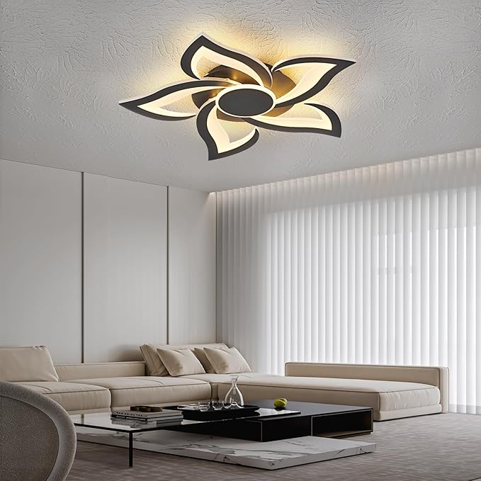 LED Ceiling Light with Remote, Modern Flush Mount Ceiling Light Fixtures, Black 24" Flower Close to Ceiling Light Fixtures, 3000K-6000K Dimmable Ceiling Lamp for Bedroom, Kitchen, Dining room