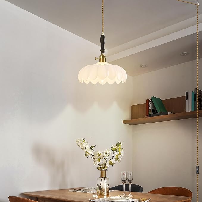 Modern White Plug in Glass Pendant Light Retro Flower Glass Hanging Lamp Gold Brass Decorative Adjustable Ceiling Hanging Light Suitable for Kitchen Island Bedroom Dining Room Living Room