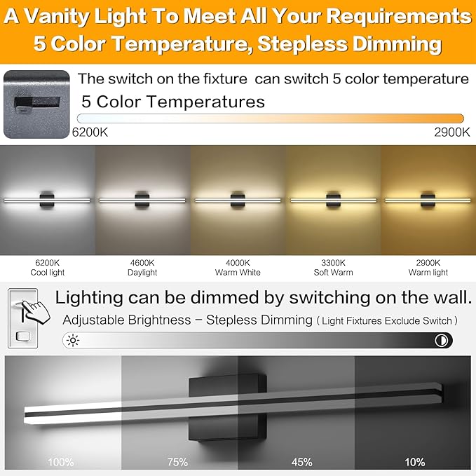 SOLFART Vanity Lights for Bathroom 31.8 Inch Dimmable Matte Black Modern Bathroom Light Fixtures 20W 5CCT LED Lights