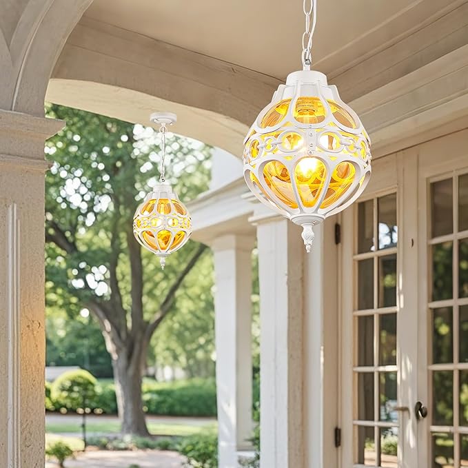 Globe Outdoor Pendant Lights,Vintage Exterior Hanging Pendant Light Fixtures with Adjustable Chain, Aluminum White Outdoor Chandelier for Porch, Gazebo, Entryway,No Sensor,General