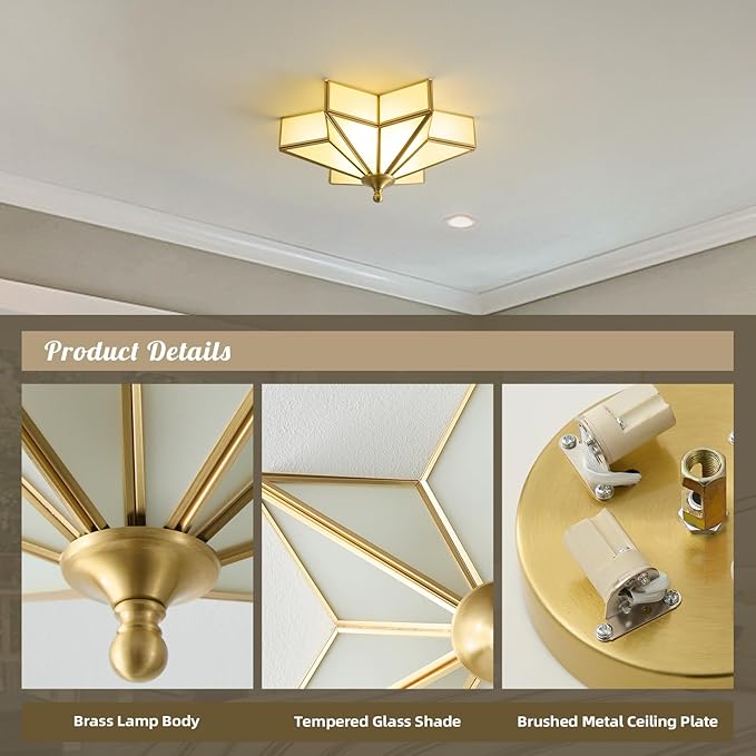 Star Brass Vintage Ceiling Light - 12.2 in Small Milk Glass Antique Brushed Gold Flush Mount Fixture, Mid Century Art Deco Overhead Lighting for Kitchen Hallway Bedroom Bathroom Laundry Entryway Hall