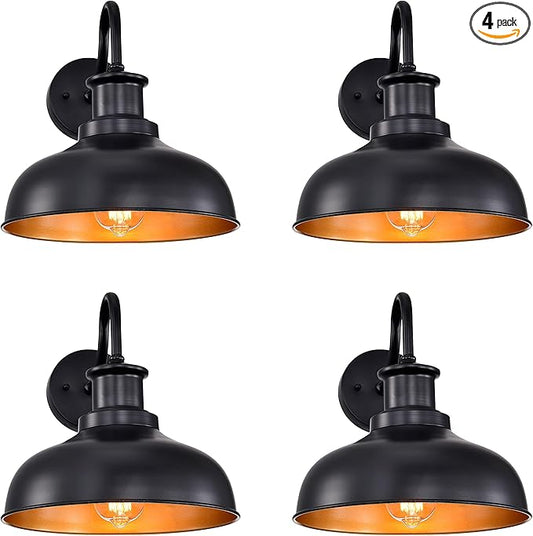Outdoor Barn Lights, Farmhouse Outdoor Wall Sconces, Rustic Exterior Wall Mount Lights, Vintage Outside Lighting Fixtures, Industrial Black Gold Lanterns for Porch Garage Patio, 4 Pack