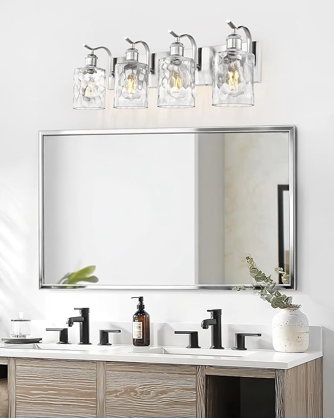 Bathroom Vanity Light Fixtures Over Mirror 4-Light Hammered Glass Wall Mounted Modern Brushed Nickel - VL01BNH-4