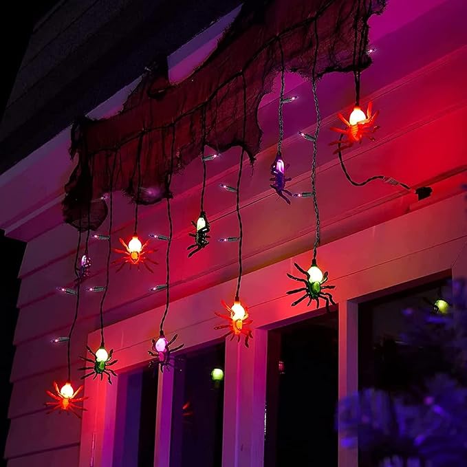 Halloween Spider String Lights, 7Ft Halloween Decorations Lights with 10 LED Colorful Spider Lights 15 Mini Purple Bulbs, Hanging Fairy Lights UL Listed for Outdoor Curtain Porch Bar Party Decor