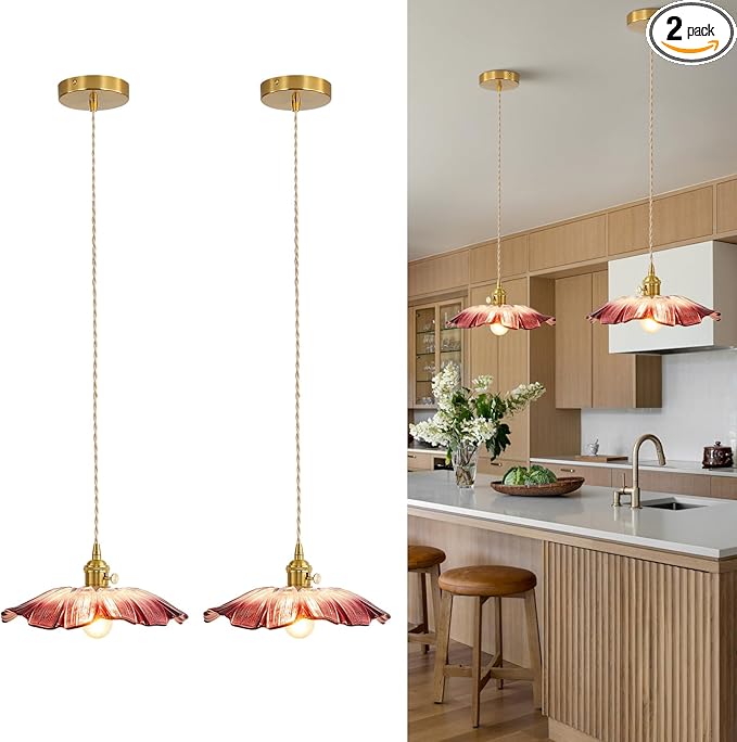 Pendant Lights Kitchen Island Glass Vintage Hanging Light Fixture Purple Flower Light E26 Gold Lights for Bedroom Kitchen Hallway Light Fixtures Bathroom Purple Sunflower Light 2 Pack