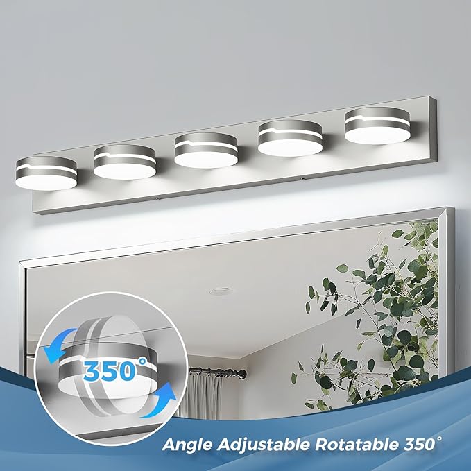LED Modern Bathroom Lights Fixtures 5-Light Dimmable Nickel Acrylic Wall Lighting,Vanity Lights for Bathroom Over Mirror 5500k