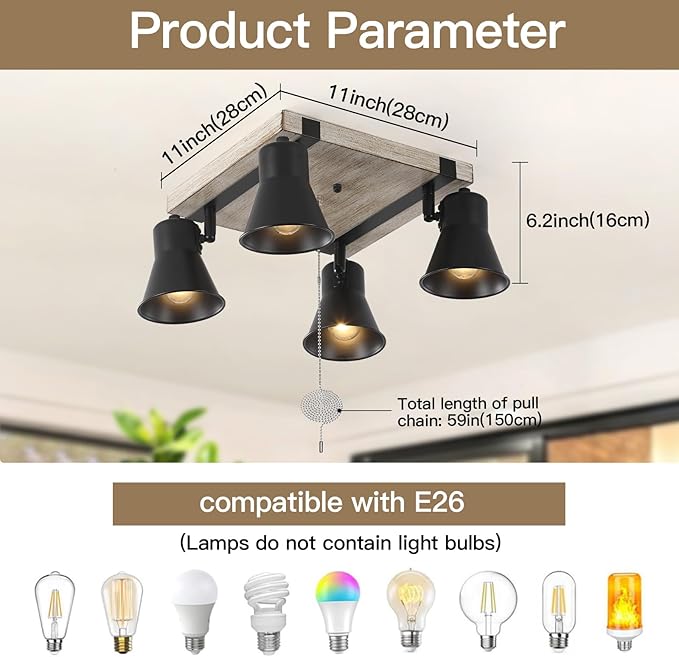 KEESFU 4 Light Kitchen Lighting Fixtures Ceiling Pull Chain Light,Farmhouse Flush Mount Ceiling Light with Rotatable Head,Rustic Light Fixtures for Dining Room Bedroom Hallway.
