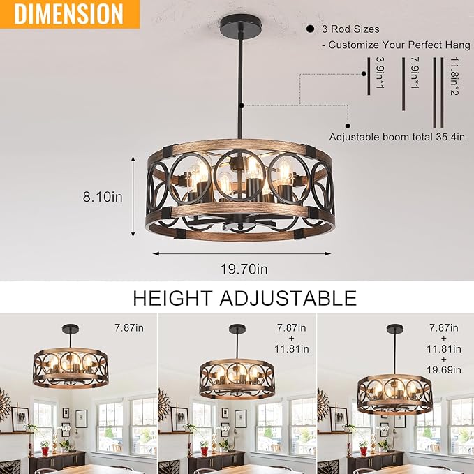 Semi Flush Mount Ceilnig Light,6-Light Farmhouse Chandelier Rustic Light Fixture Ceiling Mount 19.7" Vintage Drum Chandelier for Dining Room Light Fixtures for Kitchen