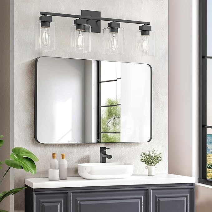 Espird 4 Light Bathroom Vanity Light - Matte Black Bathroom Light Fixtures Square Design & UL Certification, Square Light Fixture Over Mirror, Farmhouse Light Fixtures for Bathroom & Bedroom