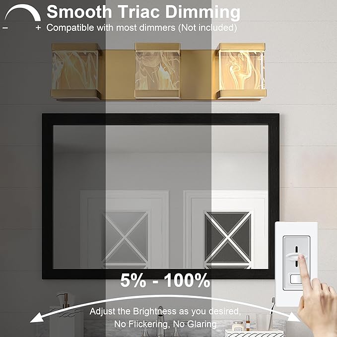 MELUCEE Modern Brass LED Vanity Lights Over Mirror 15W 3 Lights LED Bathroom Light Fixtures with Unique Smoke Acrylic Panel Bathroom Wall Sconce for Bath Powder Room, 3000K Warm Lighting
