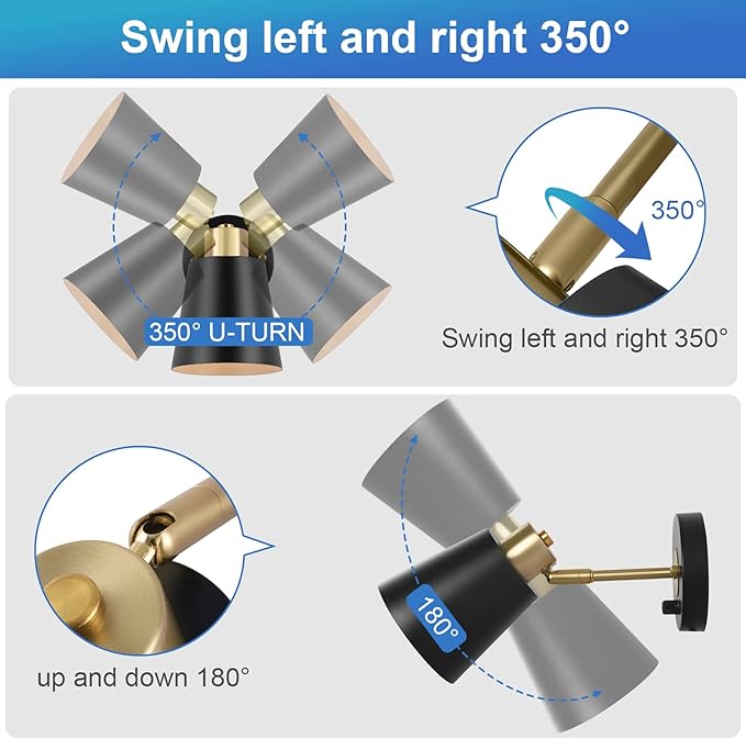 VATONI Wall Sconce Plug in, Dimmable Wall Sconces Adjustable Wall Lights with Plug in Cord and Dimmer On/Off Rotary Switch, Wall Mounted Light for Bedside Bedroom LivingRoom(2 Bulbs Included)