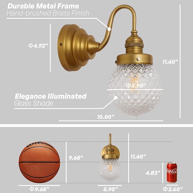Vintage Gold Wall Sconces Brass Bathroom Sconces with Round Pineapple Pattern Clear Glass Shade Hardwire Mid Century Wall Mounted Lamp for Bathroom Living Room Bedroom Kitchen Indoor