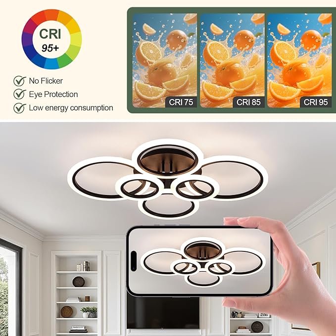 Modern Ceiling Lights 31.8" 68W, Dimmable Kitchen Lighting Fixtures Ceiling, 3000-6500K Light Fixture Ceiling Mount with Remote Control, Black 6 Ring LED Ceiling Light for Bedroom