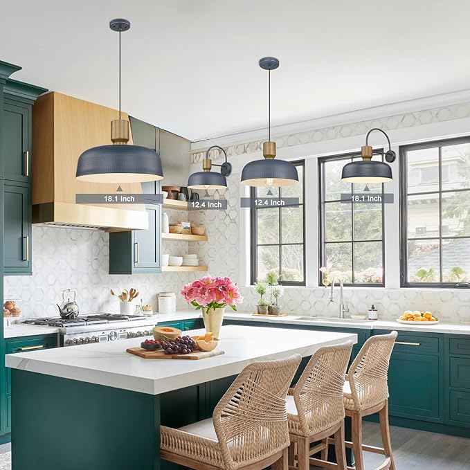Farmhouse Pendant Lights, Adjustable Hanging Light Fixtures with Hammered Metal Shade, 12.4 inch Pendant Lighting for Kitchen Island, Blue