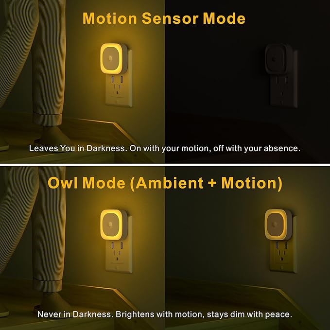 YUNLEX 2 Pack Plug in Night Light with Motion Sensor & Dusk to Dawn Sensor, 3 Sensor Modes, Auto ON/Off, Dimmable, Soft Glow for Living Room, Hallway, Stairs, Bathroom, as Mother Gifts, Golden Yellow