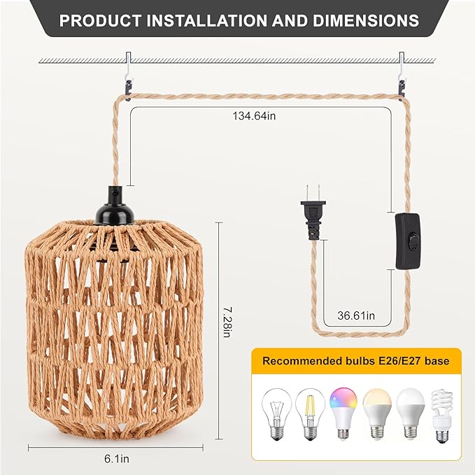 Pendant Light Hanging Lights 15ft Plug in Pendant Light - Hanging Light with On Off Switch Plug in Cord Pendant Light Fixture E26 E27 Light SocketCord for Bedroom Living Room ( 5-Paper Cord Shade)