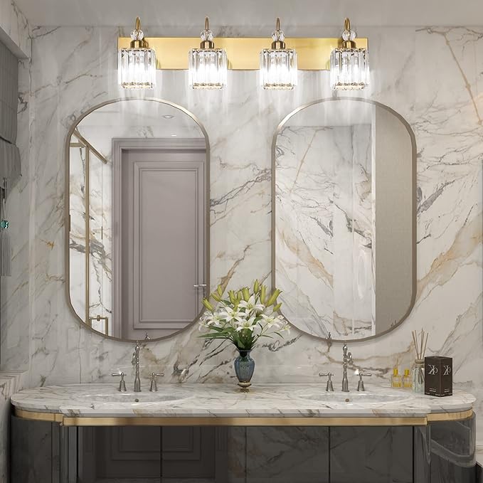 Ralbay Crystal Gold Bathroom Vanity Lights 4-Lights Vanity Lights Over Mirror Modern Crystal Gold Bathroom Wall Lighting Fixtures
