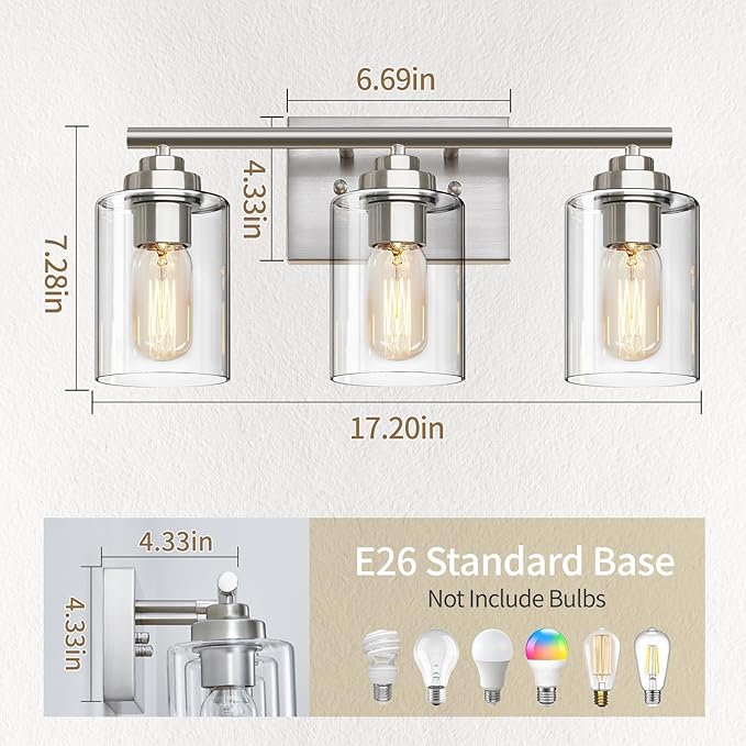SKEJAO Bathroom Vanity Light Over Mirror,Bathroom Light Fixture Wall Sconce Lighting for Bedroom,Living Room (Nickel, 3-Light)