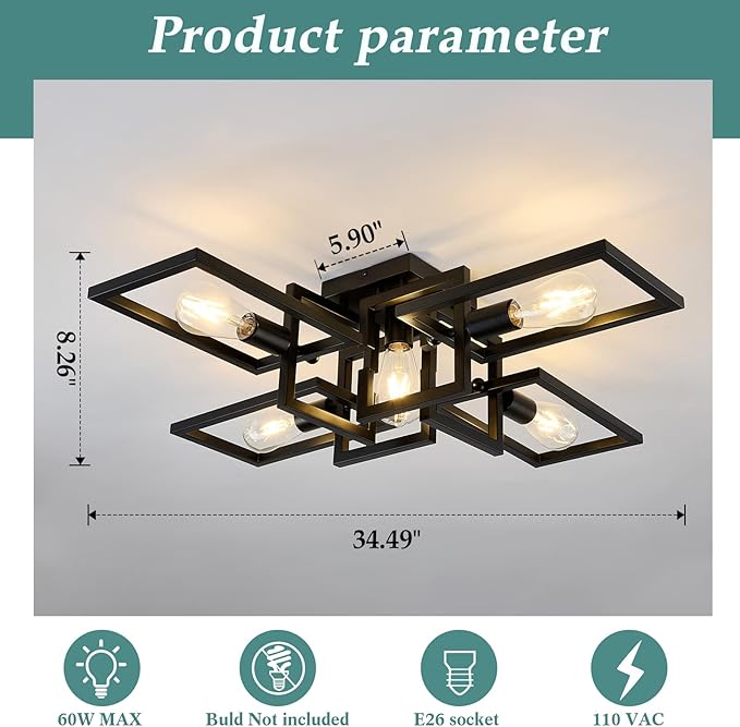 ZGLAOJT Black Industrial Semi Flush Mount Ceiling Light 5-Light Kitchen Light Fixtures Modern Large Matte Sputnik Chandelier for Dining Room Bedroom Farmhouse Living Room