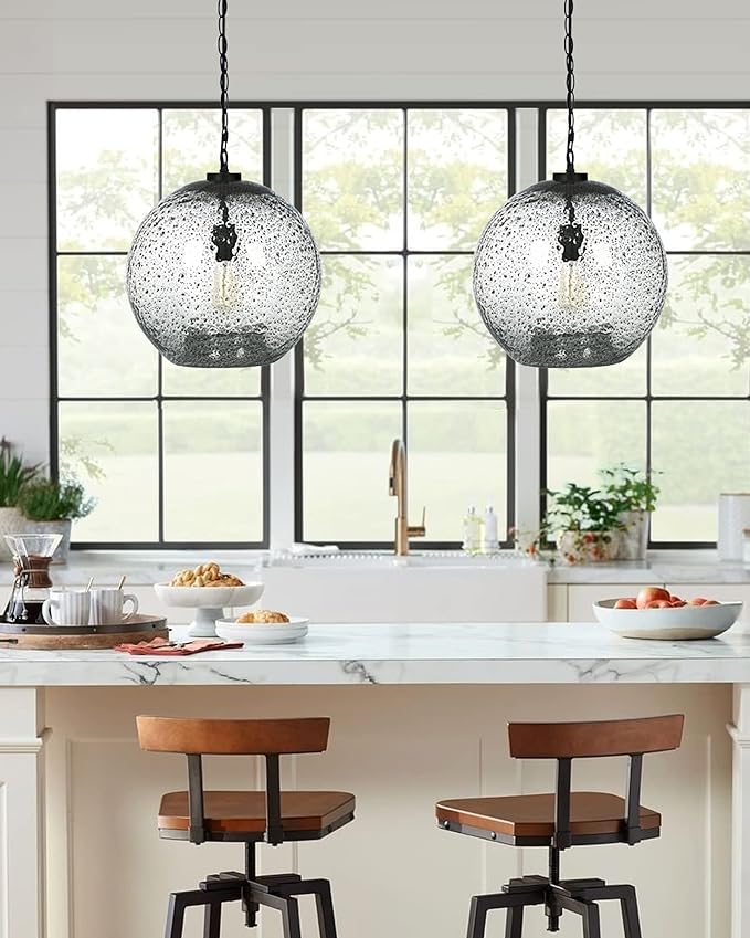 CASAMOTION Pendant Lighting Kitchen Island Entryway Hallway Foyer Clear Glass Black Marble Modern Farmhouse Ceiling Hanging Light fixtures Large Globe Black Chain Kit 13 inch H