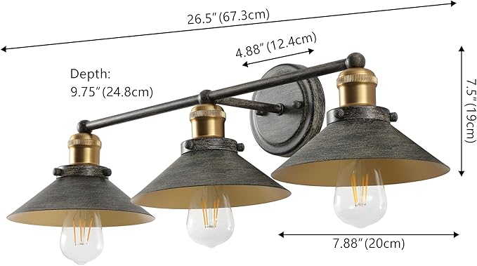 JONATHAN Y 26.5" Rustic Dark Gray/Brass Gold 3-Light Industrial Farmhouse Metal Vanity Light Wall Sconce, Metal Shade for Bathroom Mirror, Kitchen, Entryway, LED Bulb Included (JYL7428D)