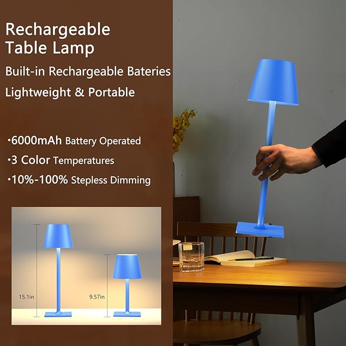 2 Pack Rechargeable Table Lamp - Cordless LED Lamp with 6000mAh Battery Operated LED Desk Lamp, Portable Table Light Outdoor for Dinner Patio Restaurant Bar Bedroom Coffee Shop Night Light(Blue)