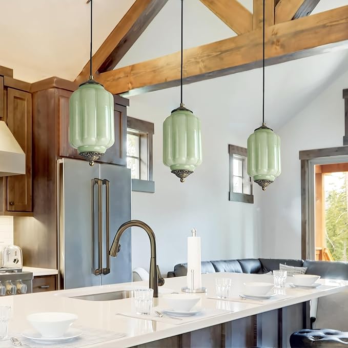 Vintage Milk Glass Pendant Lights Kitchen, Brass Color Glass Ceiling Light Fixture, Retro Industrial Pendant Lighting for Dining Room, Kitchen, Bedroom, Entryway, Hallway (Green, 5.5in)