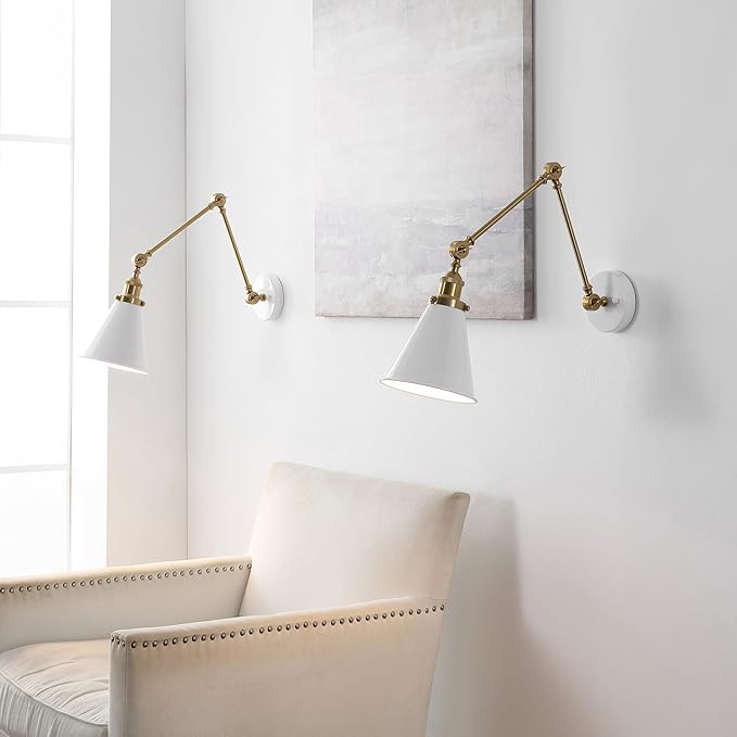 JONATHAN Y 7" White/Brass Gold Classic Industrial Metal Adjustable Arm LED Wall Sconce for Bedside Reading, Farmhouse Swing Arm Wall Lamp with Metal Shade, Hardwired (JYL7462B-SET2)